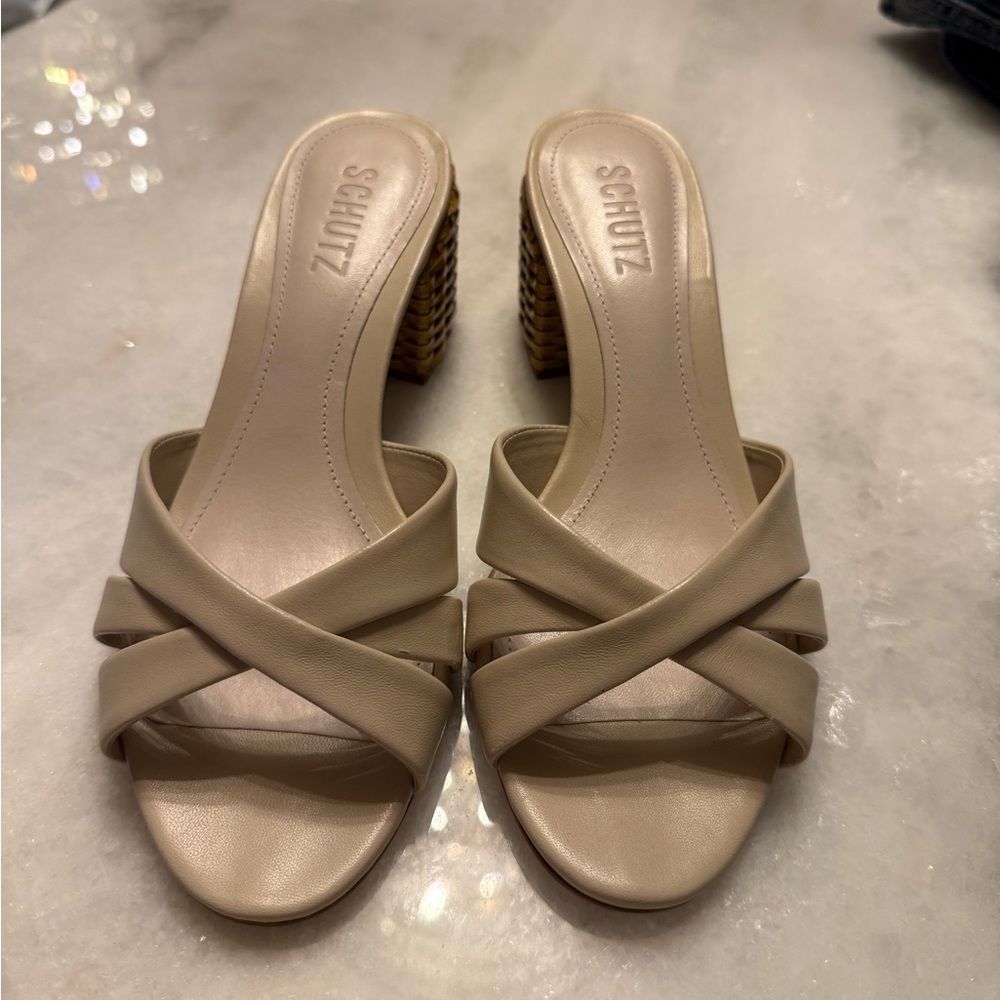 SCHUTZ Taupe Beige Crisscross Leather Mules with Woven Block Heel